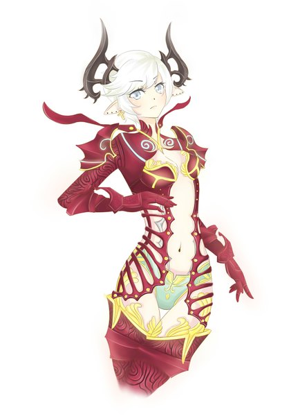 Anime picture 1500x2152 with tera online moochirin (artist) single tall image looking at viewer short hair light erotic white background white hair horn (horns) pointy ears grey eyes demon girl navel earrings