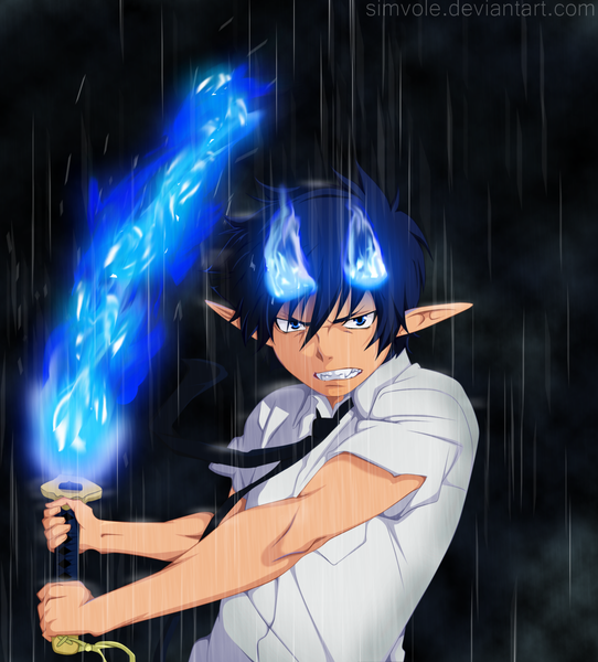 Anime picture 2000x2213 with ao no exorcist a-1 pictures okumura rin simvole single tall image highres short hair blue eyes black hair sky cloud (clouds) pointy ears night grin coloring magic glowing rain angry
