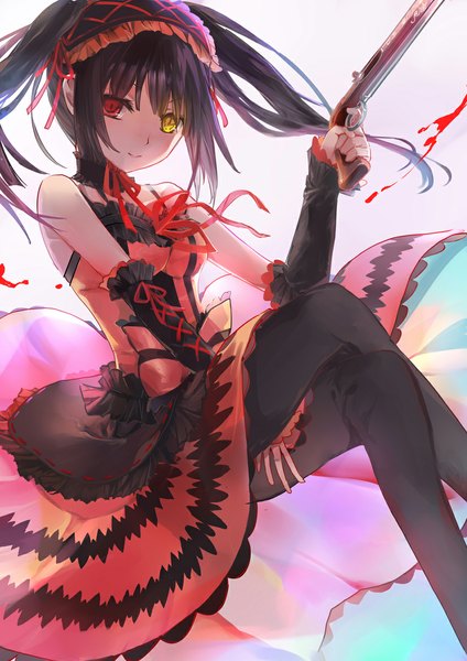 Anime picture 827x1169 with date a live tokisaki kurumi mimi n (futarinokizuna) single long hair tall image looking at viewer black hair red eyes sitting yellow eyes heterochromia crossed legs lolita fashion uneven twintails girl dress ribbon (ribbons) weapon detached sleeves