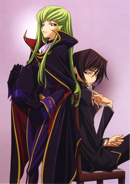 Anime picture 2477x3481 with code geass sunrise (studio) c.c. lelouch lamperouge chiba yuriko long hair tall image looking at viewer fringe highres short hair simple background brown hair sitting purple eyes yellow eyes green hair light smile back to back purple background