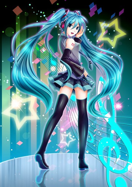 Anime picture 1653x2338 with vocaloid hatsune miku oolong tea single tall image open mouth twintails bare shoulders very long hair aqua eyes aqua hair sparkle treble clef girl skirt detached sleeves headphones star (symbol) thigh boots musical note