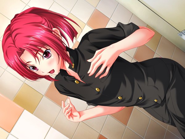 Anime picture 1600x1200 with wanna. spartansex spermax! (game) blush short hair open mouth game cg red hair pink eyes girl shirt