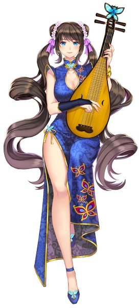 Anime picture 600x1311 with original briska single tall image looking at viewer blue eyes black hair white background twintails very long hair chinese clothes girl hair ornament chinese dress musical instrument pipa (instrument)