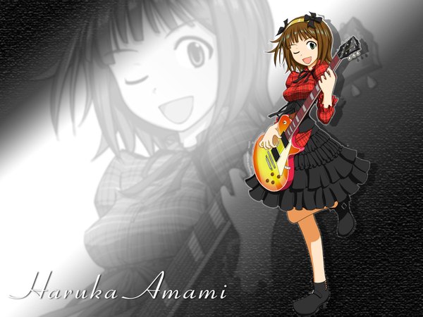 Anime picture 1600x1200 with idolmaster amami haruka highres short hair brown hair green eyes one eye closed wink wallpaper zoom layer musical instrument guitar