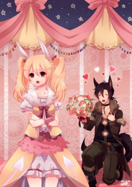 Anime picture 1240x1754 with original kisaitu long hair tall image short hair open mouth black hair blonde hair red eyes twintails animal ears tail eyes closed animal tail couple girl dress boy flower (flowers) heart