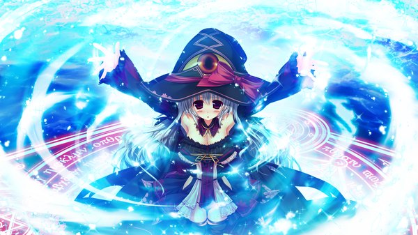 Anime picture 2560x1440 with sakigake generation! clochette kaido ririko oshiki hitoshi single long hair blush highres wide image purple eyes game cg white hair magic witch girl dress bow hat witch hat magic circle