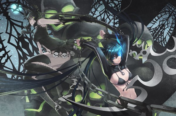 Anime picture 1600x1051 with black rock shooter black rock shooter (character) dead master catwyz long hair blue eyes black hair twintails bare shoulders multiple girls green eyes glowing glowing eye (eyes) girl thighhighs gloves weapon black thighhighs 2 girls elbow gloves