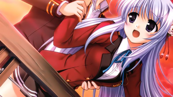 Anime picture 1920x1080 with fortune arterial august soft tougi miya bekkankou long hair blush highres open mouth wide image purple eyes silver hair solo focus girl boy uniform school uniform