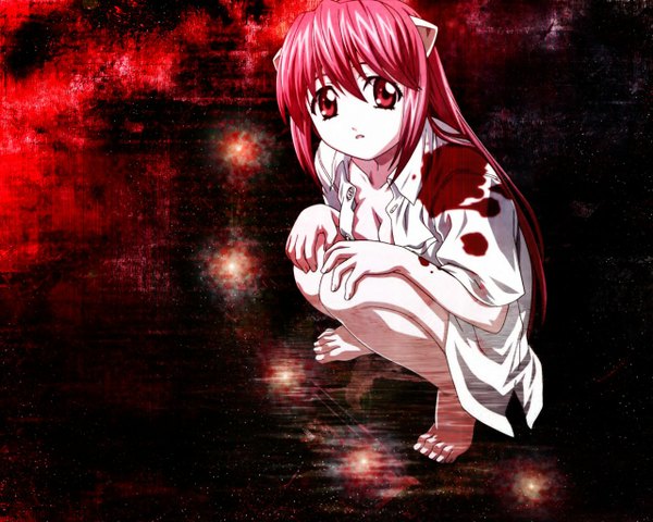 Anime picture 1280x1024 with elfen lied arms corporation lucy light erotic red eyes pink hair naked shirt girl blood