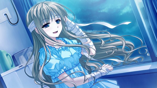 Anime picture 2048x1152 with tsukumo no kanade skyfish (studio) long hair highres blue eyes blonde hair wide image game cg girl dress window bandage (bandages)