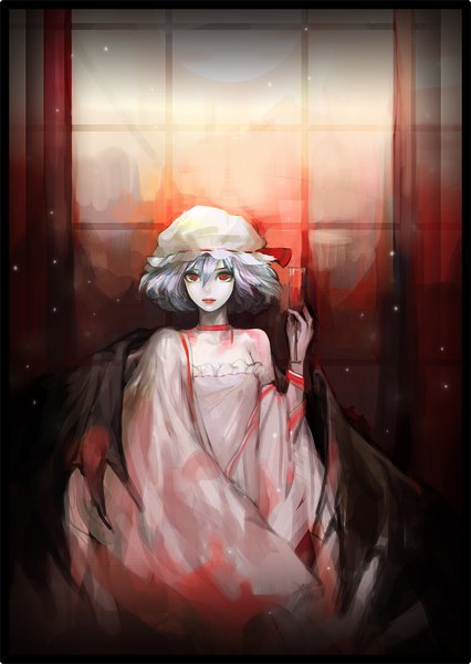 Anime picture 1532x2156 with touhou remilia scarlet miyako (pixiv) single tall image short hair red eyes purple hair bat wings girl ribbon (ribbons) wings choker window moon blood cape bonnet full moon wine glass