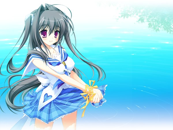 Anime picture 1200x900 with long hair black hair purple eyes game cg girl ribbon (ribbons) water