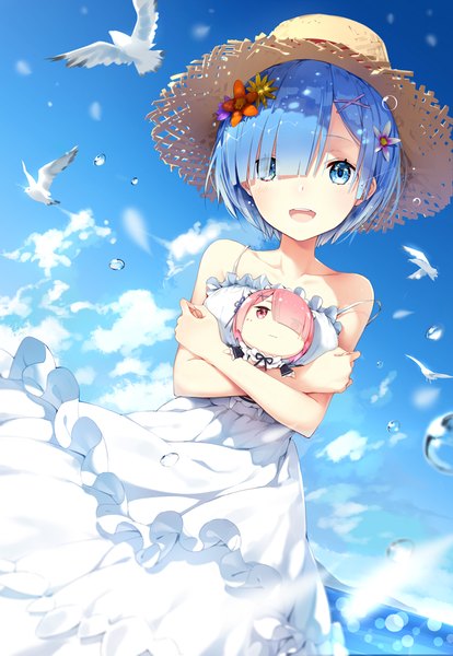 Anime picture 689x999 with re:zero kara hajimeru isekai seikatsu white fox rem (re:zero) ram (re:zero) lf tall image looking at viewer blush fringe short hair open mouth blue eyes smile standing holding blue hair pink hair sky cloud (clouds) blunt bangs