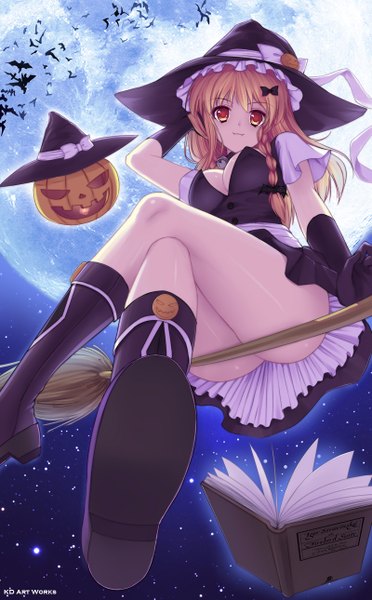 Anime picture 800x1290 with touhou kirisame marisa caidychen single long hair tall image looking at viewer light erotic blonde hair smile yellow eyes ass braid (braids) night from below night sky legs twin braids crossed legs halloween