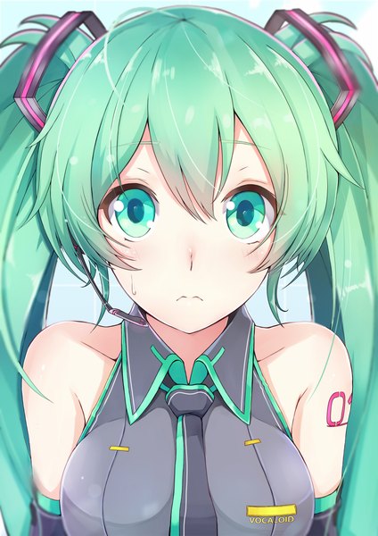Anime picture 800x1131 with vocaloid hatsune miku nakaichi (ridil) single tall image looking at viewer blush twintails bare shoulders very long hair aqua eyes aqua hair tattoo surprised girl hair ornament necktie