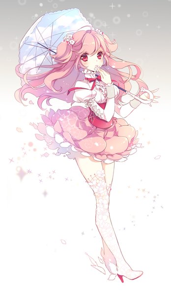 Anime picture 730x1257 with cookie run cherry blossom cookie jonejung single long hair tall image looking at viewer blush fringe red eyes standing holding pink hair cloud (clouds) ahoge wind two side up zettai ryouiki gradient background cherry blossoms