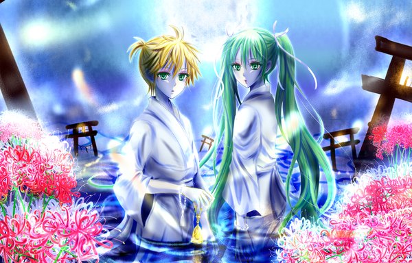 Anime picture 2150x1378 with vocaloid hatsune miku kagamine len koh kmsw long hair highres short hair blonde hair twintails aqua eyes aqua hair girl boy water torii higanbana