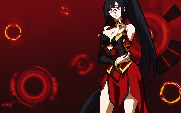Anime picture 1920x1200 with blazblue litchi faye ling single highres breasts light erotic black hair wide image bare shoulders very long hair pink eyes side ponytail girl glasses