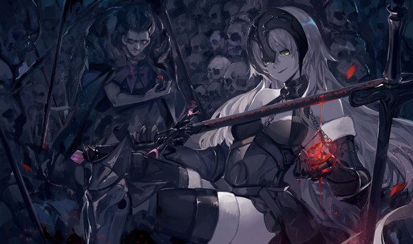 Anime picture 2500x1476 with fate (series) fate/grand order fate/apocrypha fate/zero jeanne d'arc (fate) (all) jeanne d'arc alter (fate) jeanne d'arc alter (avenger) (third ascension) (fate) caster (fate/zero) saberiii long hair looking at viewer fringe highres smile wide image sitting holding yellow eyes parted lips grey hair