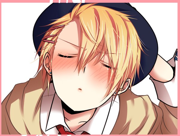 Anime picture 1461x1109 with uta no prince-sama a-1 pictures kurusu shou single blush short hair simple background blonde hair white background eyes closed face boy hat earrings necktie