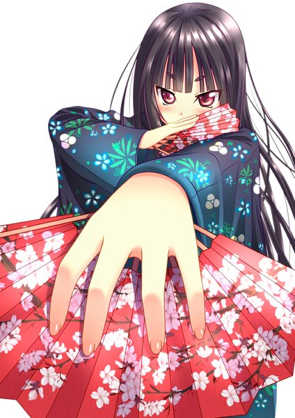 Anime picture 827x1169 with original nazu-na single long hair tall image looking at viewer blush black hair simple background red eyes white background traditional clothes japanese clothes girl kimono fan