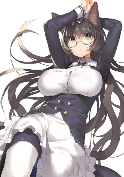 Anime picture 563x800 with original itsuwa (lethal-kemomimi) single tall image looking at viewer blush breasts blue eyes black hair simple background large breasts white background animal ears tail very long hair parted lips animal tail cat ears arms up cat tail