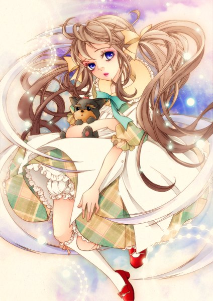 Anime picture 850x1202 with original sizh single long hair tall image looking at viewer blue eyes brown hair twintails girl dress bow hair bow socks white socks toy stuffed animal