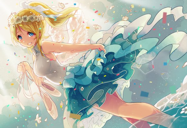 Anime picture 900x618 with love live! school idol project sunrise (studio) love live! ayase eli itamidome single long hair looking at viewer blue eyes blonde hair bare shoulders ponytail wind partially submerged angel wings girl dress flower (flowers) petals wings