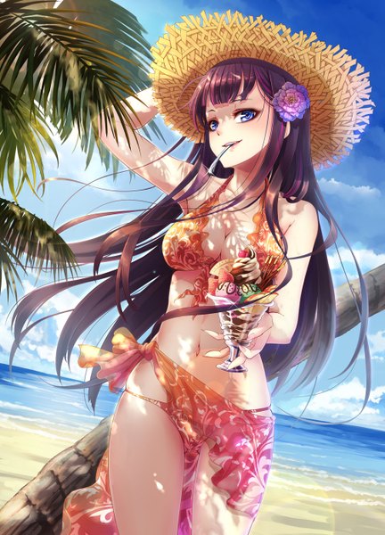 Anime picture 1000x1388 with original wait (artist) single long hair tall image looking at viewer breasts blue eyes light erotic sky purple hair cloud (clouds) hair flower midriff beach girl navel hair ornament flower (flowers) swimsuit