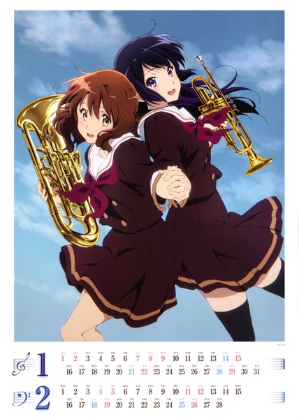 Anime picture 4962x6950 with hibike! euphonium kyoto animation kousaka reina oumae kumiko long hair tall image looking at viewer highres short hair open mouth black hair brown hair purple eyes multiple girls yellow eyes absurdres scan official art holding hands calendar 2017