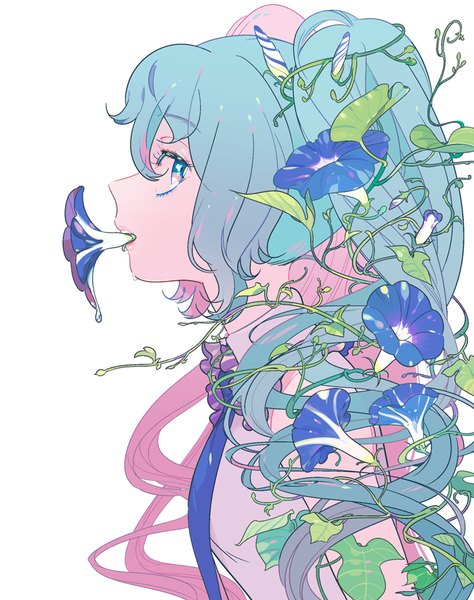 Anime picture 700x885 with vocaloid hatsune miku maruco single long hair tall image fringe blue eyes simple background white background twintails pink hair profile multicolored hair hair flower aqua hair two-tone hair sleeveless flower in mouth girl