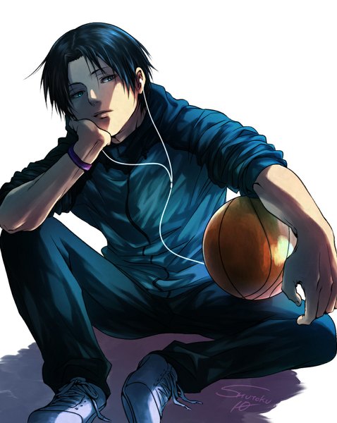 Anime picture 812x1019 with kuroko no basket production i.g takao kazunari marichi tall image short hair blue eyes simple background white background sitting holding signed blue hair looking away full body arm support shadow hand on cheek sleeves pushed up boy
