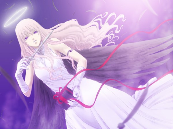 Anime picture 1024x768 with single long hair looking at viewer open mouth purple eyes black wings angel girl dress gloves weapon wings elbow gloves white dress feather (feathers) halo gift dagger
