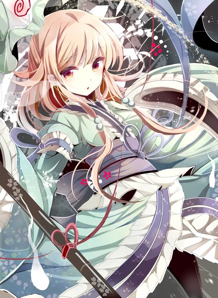 Anime picture 2597x3541 with touhou saigyouji yuyuko fumiko (miruyuana) single long hair tall image highres open mouth blonde hair looking away traditional clothes japanese clothes orange eyes ghost multicolored eyes girl ribbon (ribbons) weapon sword kimono