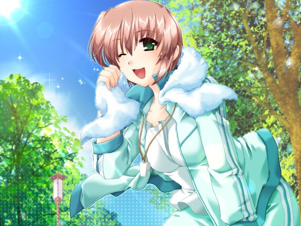 Anime picture 1280x960 with canvas 2 kikyou kiri tagme (artist) single blush short hair open mouth brown hair green eyes sky cloud (clouds) one eye closed wink sunlight sweat wallpaper sunbeam towel around neck girl uniform