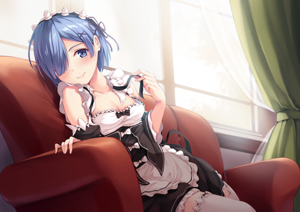 Anime picture 900x637 with re:zero kara hajimeru isekai seikatsu white fox rem (re:zero) ouka (ra-raradan) single looking at viewer blush fringe short hair breasts blue eyes light erotic smile sitting blue hair cleavage indoors head tilt lips hair over one eye