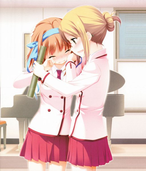 Anime picture 1024x1200 with papa no iu koto wo kikinasai! takanashi sora sasha (papa no iu koto wo kikinasai!) tall image blush short hair blonde hair brown hair multiple girls tears crying girl skirt uniform ribbon (ribbons) 2 girls hair ribbon school uniform shirt glasses