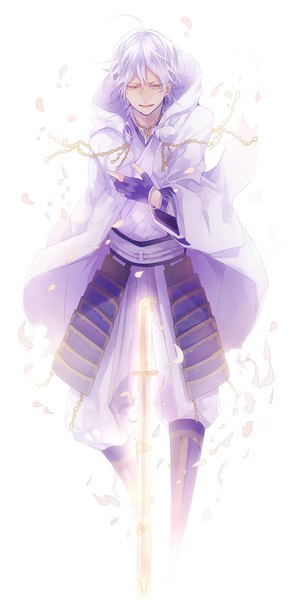 Anime picture 534x1107 with touken ranbu nitroplus tsurumaru kuninaga hanamori single tall image fringe short hair hair between eyes white background yellow eyes silver hair traditional clothes japanese clothes hand on chest glow boy gloves weapon petals