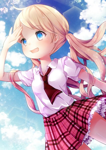 Anime picture 707x1000 with original mintsu (ichi--kun) single long hair tall image blush breasts open mouth blue eyes blonde hair smile twintails sky cloud (clouds) loli plaid skirt plaid girl skirt uniform