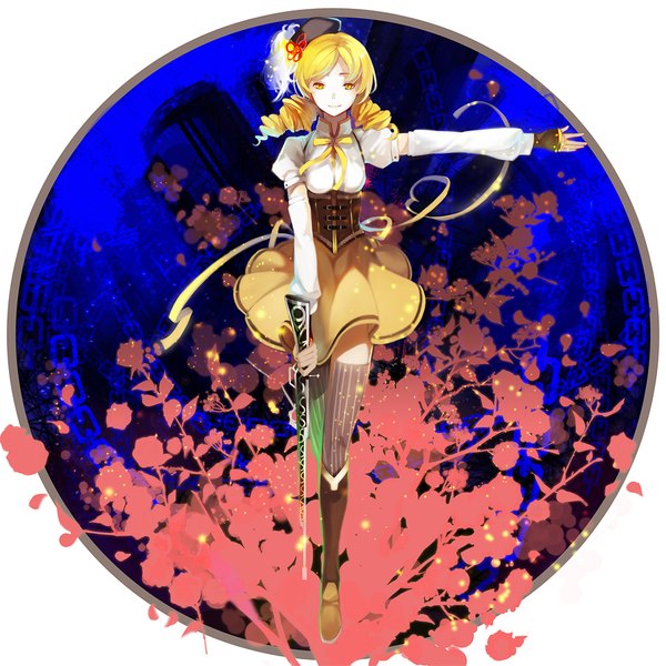 Anime picture 900x900 with mahou shoujo madoka magica shaft (studio) tomoe mami nineo single long hair blonde hair smile twintails yellow eyes looking away full body low twintails outstretched arm drill hair underbust girl thighhighs flower (flowers) weapon
