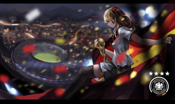 Anime picture 3508x2084 with neon genesis evangelion gainax world cup 2014 fifa world cup soryu asuka langley shikinami asuka langley baka (mh6516620) single long hair highres blue eyes brown hair wide image absurdres profile girl thighhighs hair ornament black thighhighs shorts