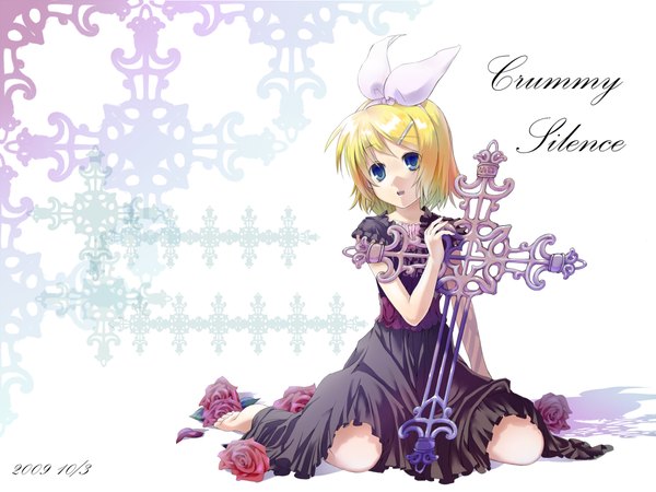 Anime picture 1024x768 with vocaloid kagamine rin potchi single short hair blue eyes blonde hair sitting looking away barefoot wallpaper dated wariza girl dress flower (flowers) bow hair bow black dress rose (roses)
