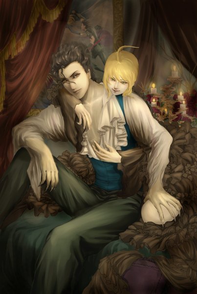 Anime picture 1104x1644 with fate (series) fate/zero type-moon artoria pendragon (all) saber diarmuid ua duibhne (lancer) (fate) tagme (artist) tall image looking at viewer black hair blonde hair smile yellow eyes aqua eyes fingernails light smile hug pale skin long fingernails girl