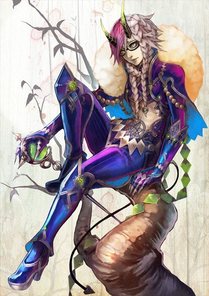 Anime picture 707x1000 with original h@ruichi single long hair tall image sitting green eyes looking away silver hair purple hair full body bent knee (knees) tail braid (braids) head tilt multicolored hair horn (horns) two-tone hair bare belly tattoo