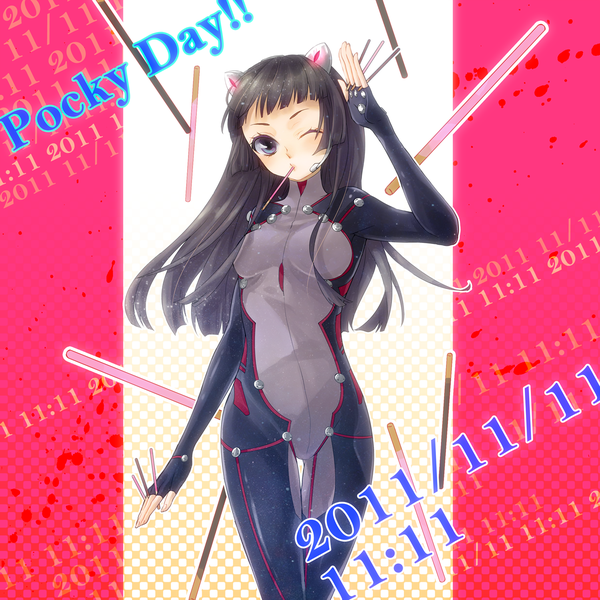 Anime picture 1500x1500 with guilty crown production i.g tsugumi tagme (artist) single long hair blue eyes black hair standing animal ears one eye closed wink cat ears inscription pocky day girl food sweets bodysuit pocky