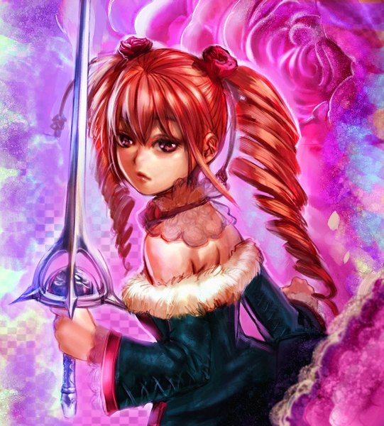 Anime picture 1114x1235 with soulcalibur soulcalibur iv amy sorel bow (bhp) single long hair tall image red eyes twintails bare shoulders red hair drill hair girl sword fur