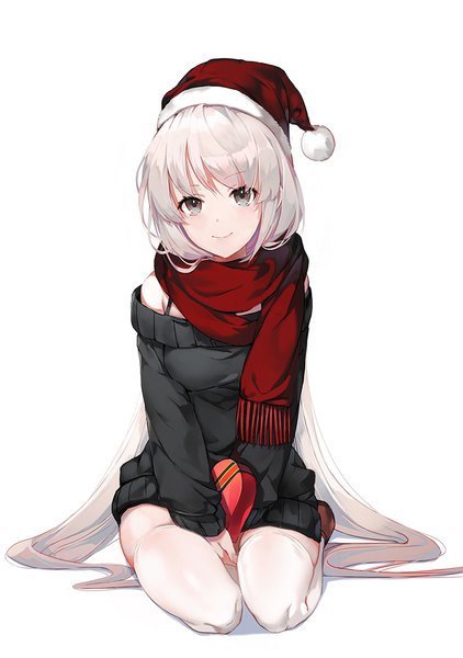 Anime picture 800x1136 with original emyo single tall image looking at viewer blush fringe simple background smile white background sitting brown eyes silver hair full body long sleeves very long hair fur trim between legs valentine seiza