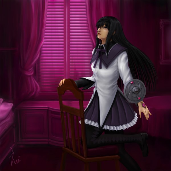 Anime picture 1200x1200 with mahou shoujo madoka magica shaft (studio) akemi homura ebi (eeotoko) single long hair black hair black eyes realistic girl dress skirt miniskirt shoes bed chair room shield