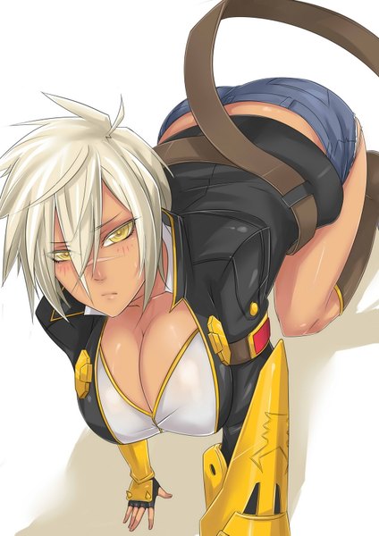 Anime picture 1200x1697 with blazblue bullet (blazblue) exaxuxer single tall image looking at viewer blush highres short hair breasts light erotic simple background large breasts white background yellow eyes cleavage white hair from above girl jacket