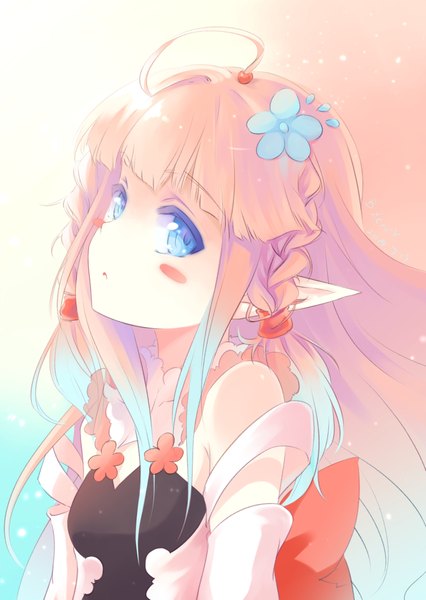 Anime picture 1447x2039 with original bzerox single long hair tall image looking at viewer blush blue eyes pink hair ahoge braid (braids) pointy ears girl hair ornament flower (flowers) detached sleeves